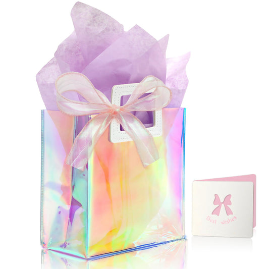 KeerxunBag 1 Pack Holographic Gift Bags with Handles & 2 Tissue Paper Sheets – Iridescent Transparent Reusable Bags for Women, Girls, Birthdays, Weddings，Purple Gift Bag