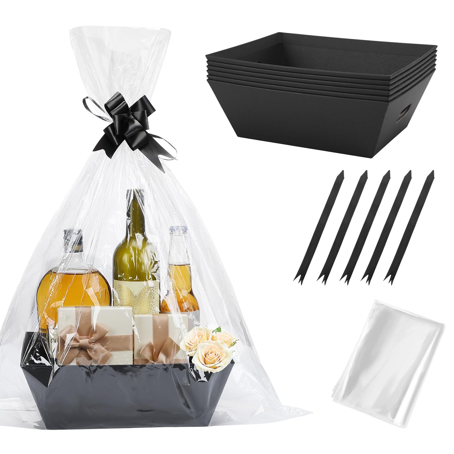 Beeplove 6 Sets Large Thick Kraft Baskets for Gifts Empty - Gift Baskets Empty Kit with Cellophane Wrap and Pull Bows for Wedding Birthday Bridesmaid Baby Shower, Black