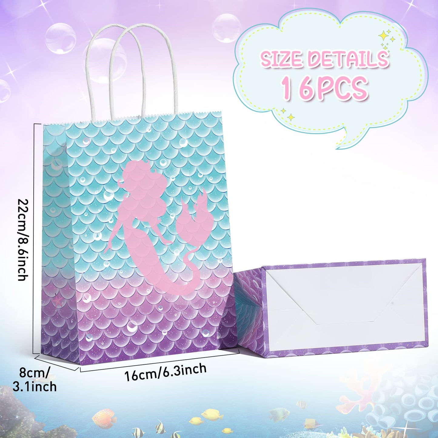 Jectivs 16 Piece Mermaid Birthday Party Favor Bags - Kraft Paper Gift Bags with Handles for Kids' Little Mermaid Themed Baby Shower Party Supplies