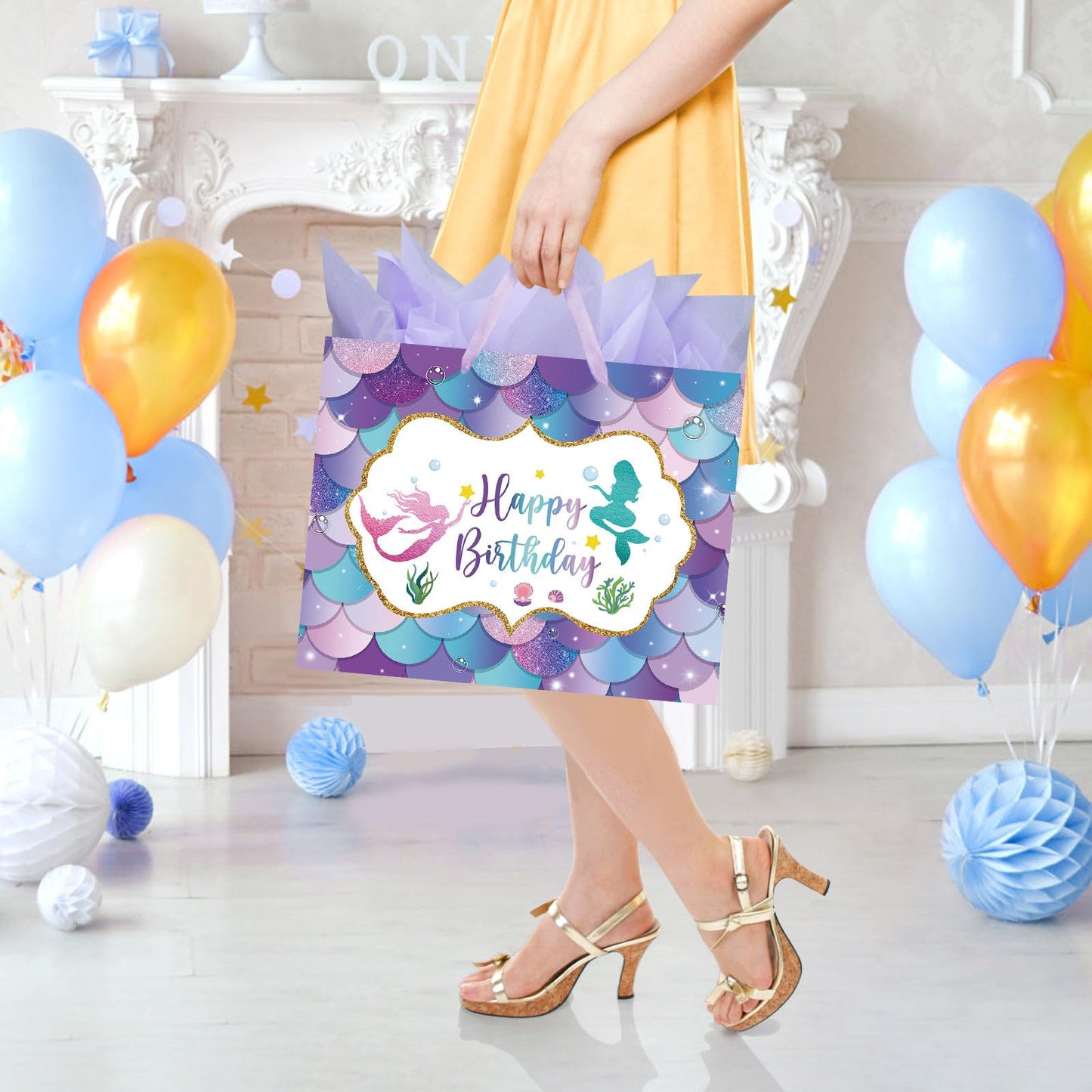 16.5" Large Mermaid Happy Birthday Gift Bag with Handle, Tissue Paper and Card for Kids Girls (16.5in Purple)