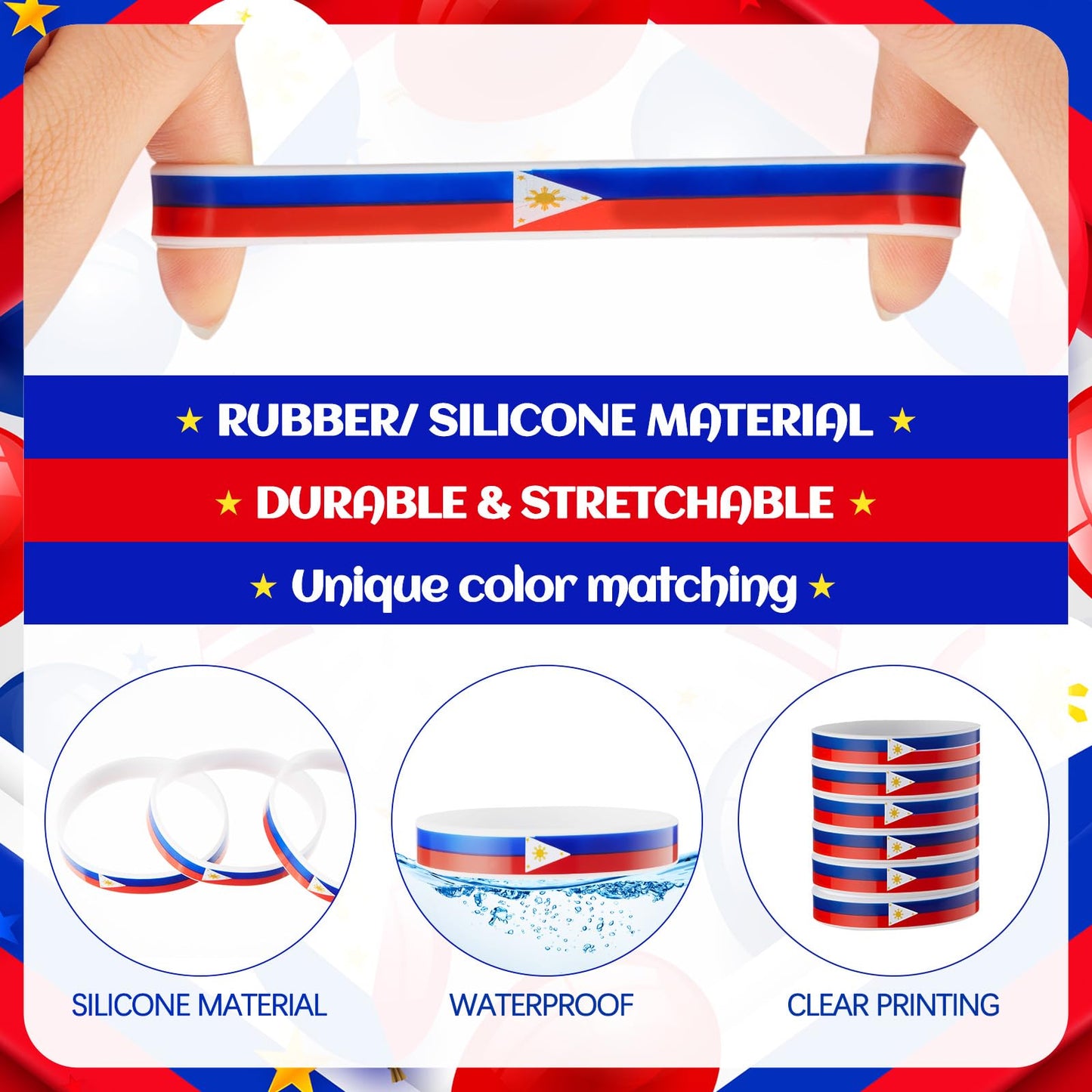Halloscume 60 Pcs Philippine Souvenirs Filipinos Country Flag Rubber Bracelets, National Flag Silicone Bracelet, Rubber Wristbands Patriotic Decorations Gift