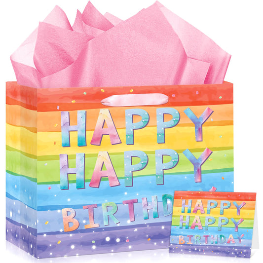 Wauprant Large Multicolor Watercolor Birthday Gift Bag for Girls Pastel Rainbow Color Happy Birthday Gift Bag with Wrapping Paper and Card for Kids Baby Girls Boys Woman Bday Party Supplies Decor