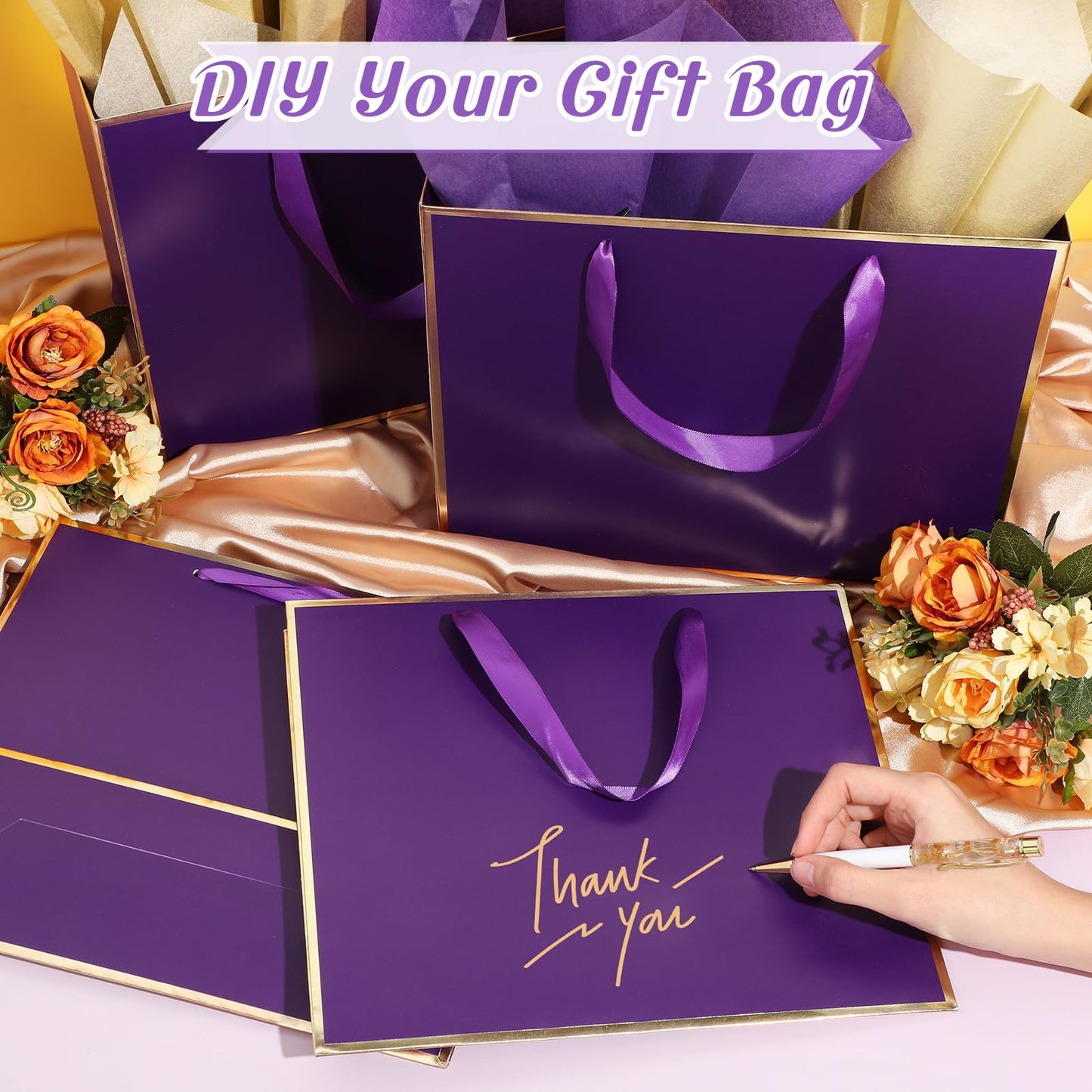 ReliThick 12 Pack Metallic Paper Gift Bag with Handles and Tissue Paper 11.8 x 10 x 4'' Thank You Favor Bag for Graduation Mother's Day Wedding Bridesmaid Groomsman 5 Senses Gifts (Dark Purple,Gold)