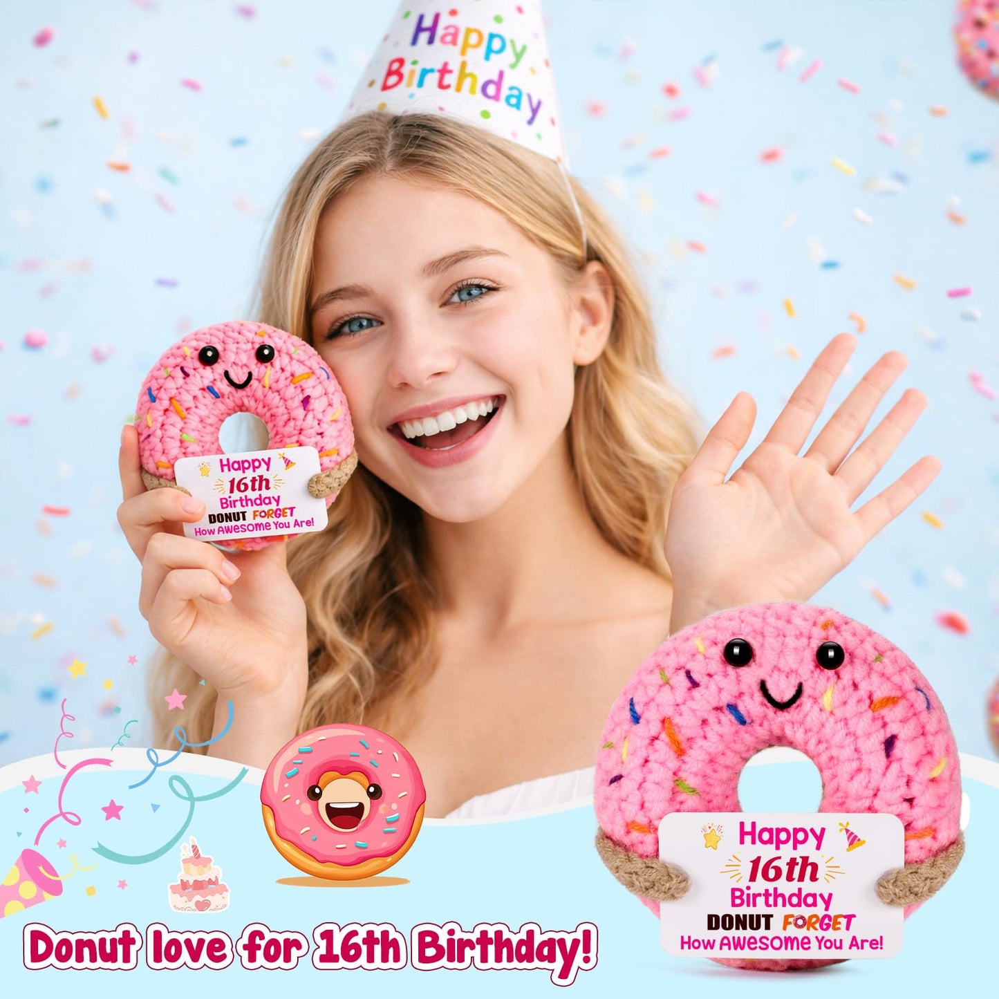 BuiltFit Sweet 16 Birthday Gifts - 16th Sixteen Year Old Gifts for Girls Boys, Cute Crochet Donut Happy 16 th Bday Party Favors Decorations New Driver Present for Teens Daughter Granddaughter
