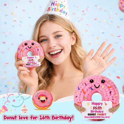 BuiltFit Sweet 16 Birthday Gifts - 16th Sixteen Year Old Gifts for Girls Boys, Cute Crochet Donut Happy 16 th Bday Party Favors Decorations New Driver Present for Teens Daughter Granddaughter