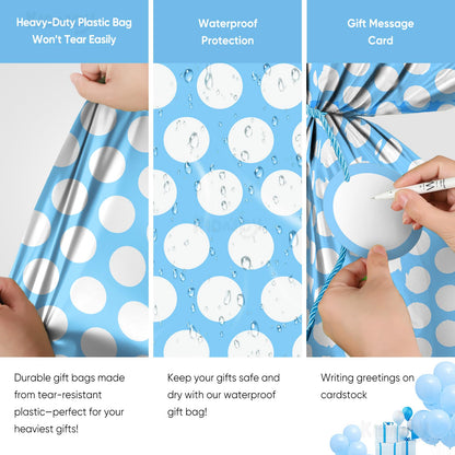 KIDAJOY Extra Large Blue Polka Dot Gift Bags Baby Shower Boys 36x56 Inch Jumbo Plastic Blue and White Gift Bag for Kids Newborn Holiday Happy Birthday Party Favor