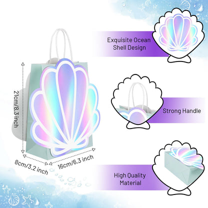12 Pack Sea Shell Gift Bags For Mermaid Goodie Bags Party Favor Iridescent with Handle for Under The Sea Party Summer Ocean Beach Celebration Supplies