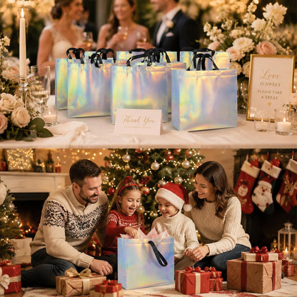 cabzymx Glossy Iridescent Gift Bags 15 Pcs, 12.6x4.7x11 In Reusable Goodie Bags Bulk with Handles & Sturdy Base, Christmas Gift Bags for Birthday, Wedding, Holiday, Party,Thanksgiving