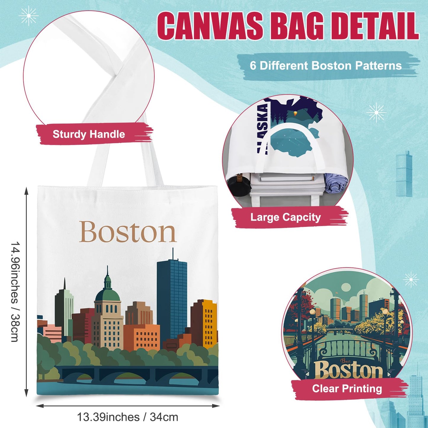 Paterr 6 Pcs Boston Souvenir Gifts Tote Bags Grocery Shopping City Themed Bag Canvas Tote City Travel Souvenirs Gifts for Women