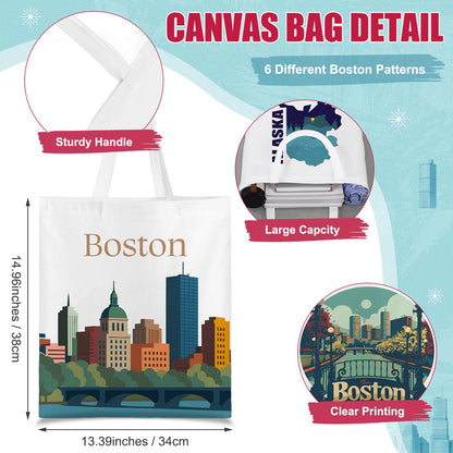 Paterr 6 Pcs Boston Souvenir Gifts Tote Bags Grocery Shopping City Themed Bag Canvas Tote City Travel Souvenirs Gifts for Women