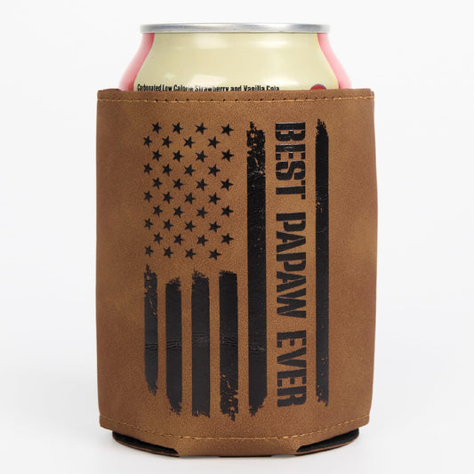 Best PaPaw Gifts – Funny PU Leather Can Cooler Sleeve for PaPaw from Grandkids, Fathers Day Birthday Christmas Gift Idea, Fits 12 Oz Cans