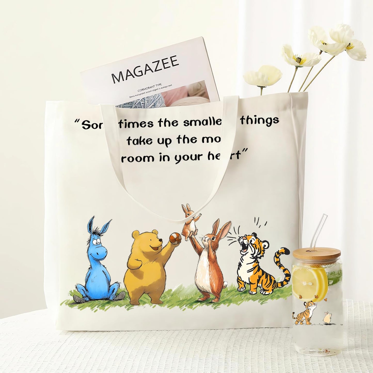 Cute Bear Gifts for Women, Canvas Tote Bag & 16 oz Iced Coffee Glass Cup Set, Birthday Gifts for Best Friends Bear Lovers