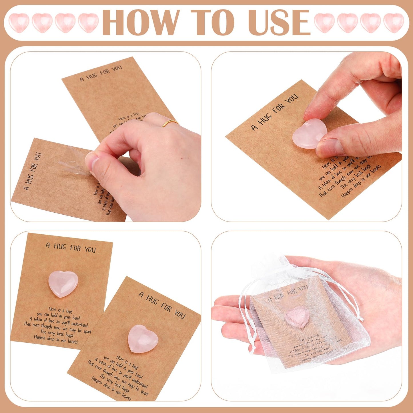 Motiskyy 40 Sets Pocket Hug Token Hug Small Gift Bulk Cards with Heart Shape Natural Stones Keepsake Exchange Relationship Cards for Colleagues Family Distance Social Celebration(Cute)