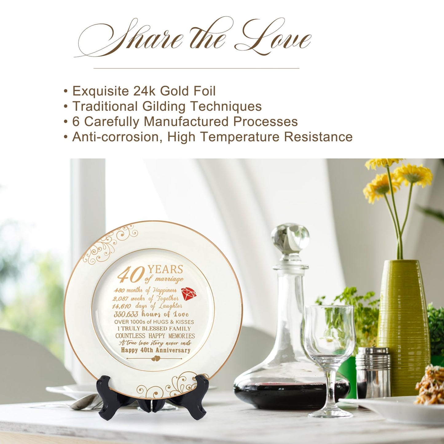 Urllinz 40th Anniversary Wedding Gifts for Wife - 40 Year Anniversaty Plate with 24k Gold Foil, Happy Decorations for Couple Parents Him Her Husband, Ceramic 9"
