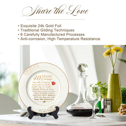 Urllinz 40th Anniversary Wedding Gifts for Wife - 40 Year Anniversaty Plate with 24k Gold Foil, Happy Decorations for Couple Parents Him Her Husband, Ceramic 9"