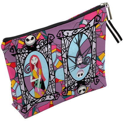 Portable Jack & Sally Themed Makeup Bag, Before Xmas Nightmare Cosmetic Bag, Jack Skellington & Sally Portable Travel Cosmetic Organizer- Cotton & Linen, Water-Resistant, 9.8x7 Inches