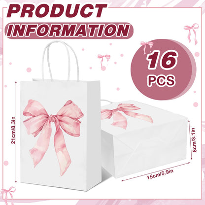 Kolldenn 16 Pcs Coquette Pink Bow Paper Gift Bags Women Mother's Day Birthday Favor Goodie Candy Bags with Handles for Bridal Engagement Baby Shower Party Supplies