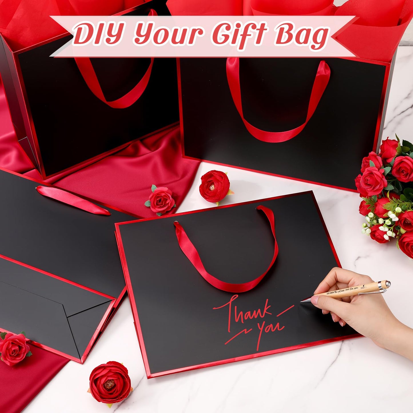 ReliThick 12 Pack Metallic Paper Gift Bag with Handles and Tissue Paper 11.8 x 10 x 4'' Thank You Favor Bag for Graduation Mother's Day Wedding Bridesmaid Groomsman 5 Senses Gifts (Black,Red)