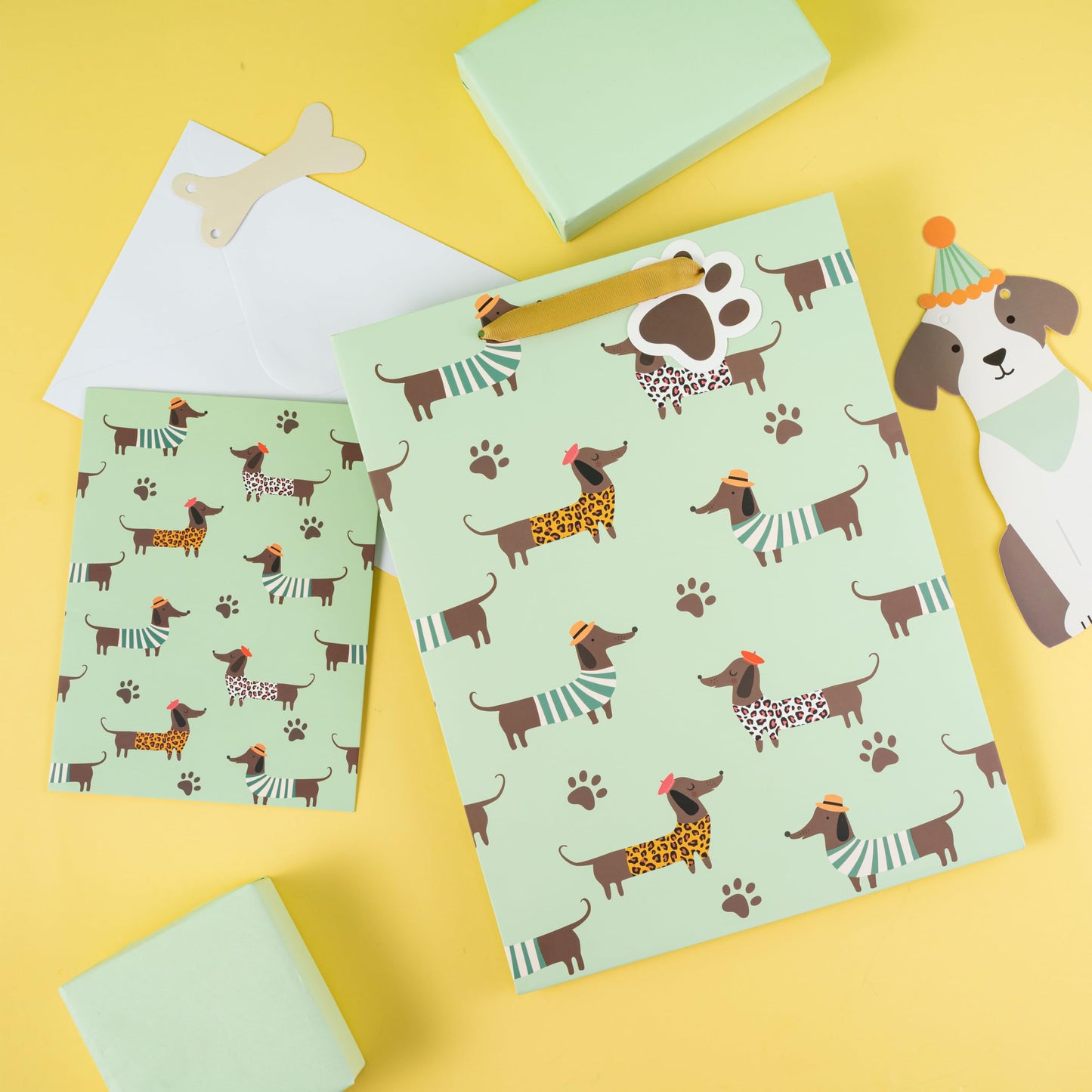 Loveinside Dachshund Gift Bag for Boys Girls, Cut Sausage Dog Dressed-Up Design with Paw Prints, Green Medium Gift Bag with Tissue Paper, Tag, Card for Birthday, Pet Party, 10" x 5" x 13", 1 Pcs