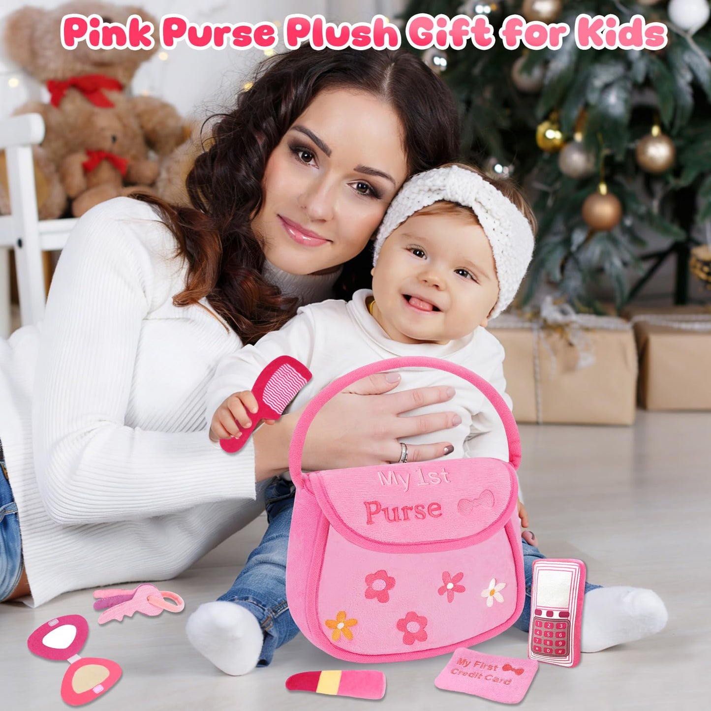 My First Pink Purse Plush, Baby Purse Set with 6 Pcs Makeup Plushies for Toddlers, First Birthday Gifts for Girls