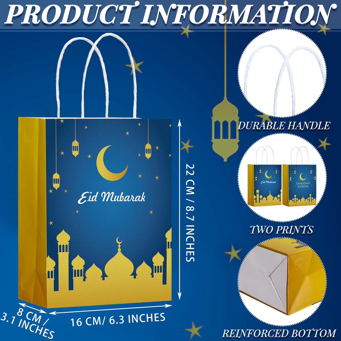 Sinmoe 18 Pcs Eid Mubarak Paper Gift Bags with Handle, Ramadan Mubarak Goodies Paper Treat Bags for Gifts Wrapping Muslim Ramadan Party Supplies, 8.7 x 6.3 x 3.1 Inches