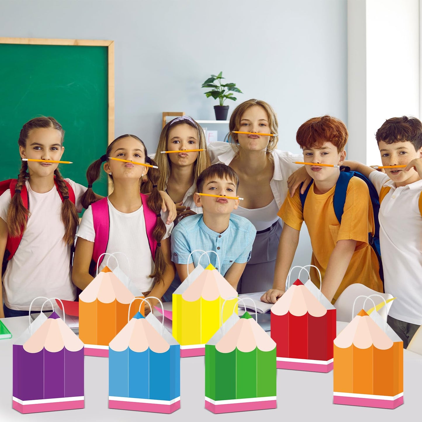 12Pcs Welcome Back to School Pencil Gift Favors Bags First Day of School Candy Boxes with Handle Pencil Goodie Treat Bag for Teacher Appreciation Kindergarten Graduation Birthday Party Supplies