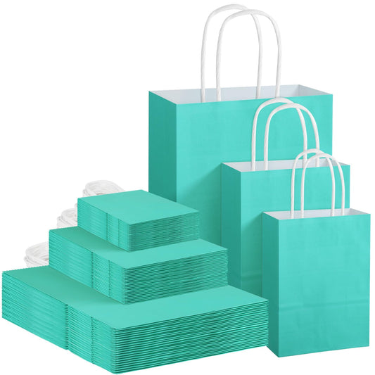 MIMIND 144 Pieces Teal Blue Gift Bags with Handles Assorted Sizes Mint Turquoise Paper Goodie Bags Bulk Party Favor Bags Supplies Baby Shower Birthday Wedding Engagement Bridal