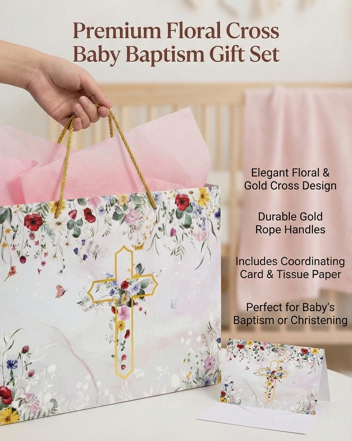 GFInYHM 13" Wildfloral Gold Cross Gift Bag Set with Greeting Card and Tissue Papers for First Communions, Baby Boy Girl Baptisms, Christenings, Wedding, Religious Occasions
