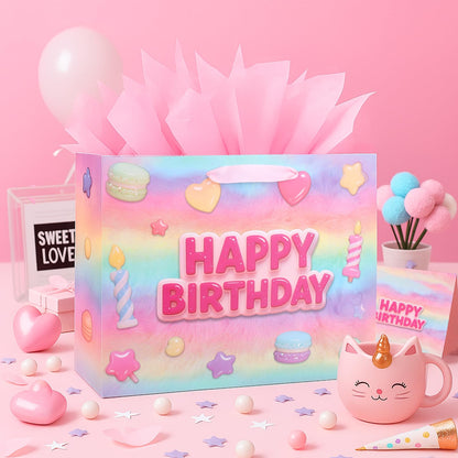 BSRESIN 13”Pink Happy Birthday Gift Bag with Tissue Paper, Wrapping Paper and Card, Medium Size Pastel Birthday Gift Bag for Girls, Women, Party Gift Wrap Supplies