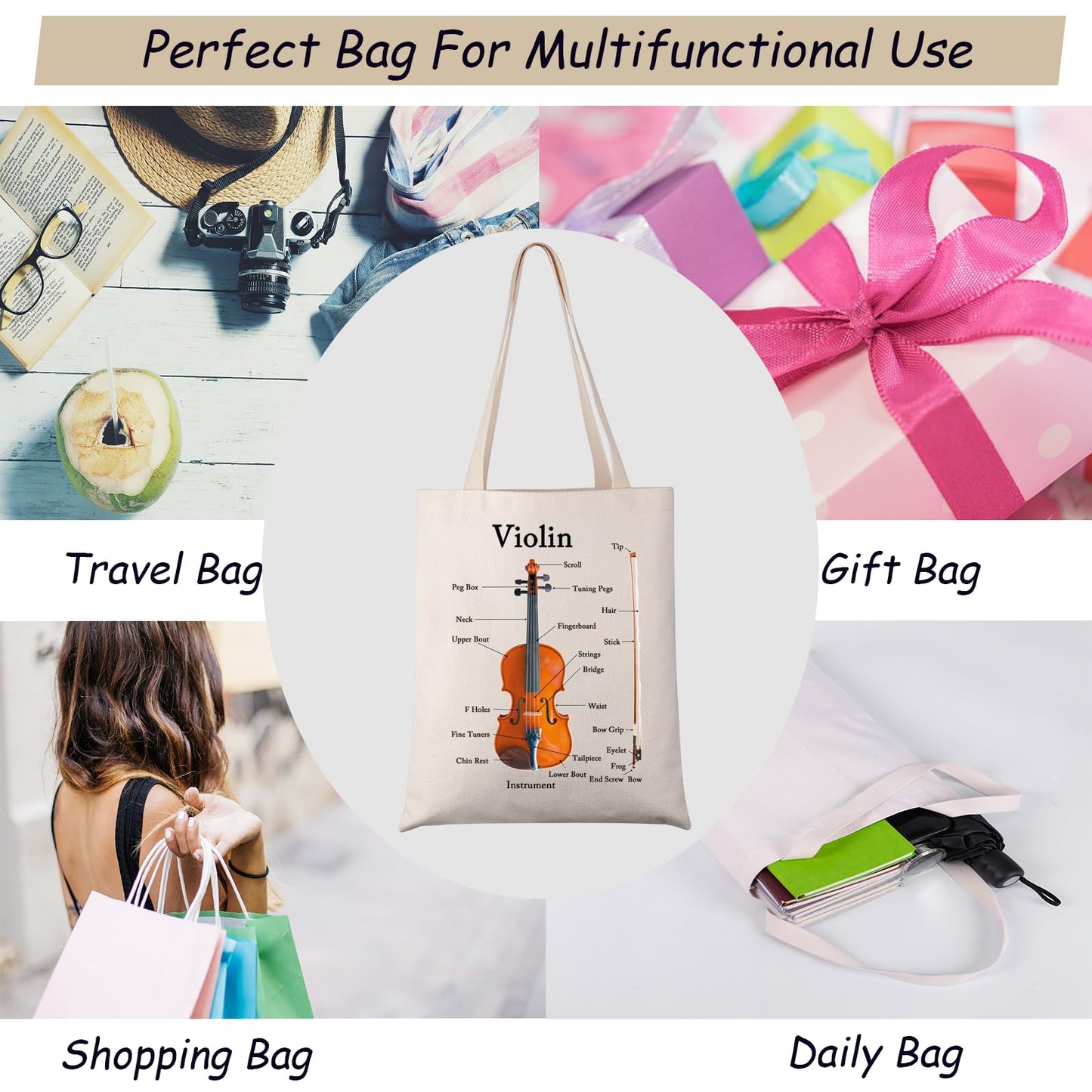 JXGZSO Violin Instrument Anatomy Tote Bag - Violin Lover & Player Gift