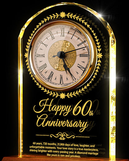 60th Wedding Anniversary Crystal Quartz Clock with Wooden Light Base,60 Years of Marriage Gift,Happy Diamond Anniversary Decoration Gift,for Parents,Grandparents,Couple