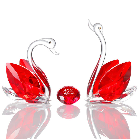 YWHL Happy 40th Anniversary Crystal Swan Gifts for Couples, 40 Years Ruby Wedding Gifts for Parents, Handmade Ruby Red Crystal Swan Collectible Figurine, Anniversary Party Decoration
