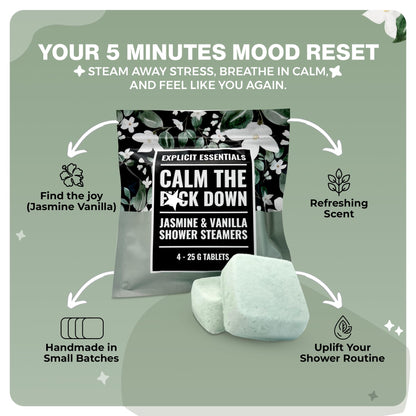 Explicit Essentials Calm The F Down Shower Steamers | Jasmine Vanilla Aromatherapy Shower Steamers for Relaxation & Stress Relief | Spa Shower Gift for Self-Care, Birthdays & Holidays
