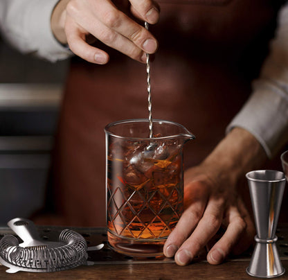 MOFADO. Premium Crystal Cocktail Mixing Glass Set - Professional Bartender Tools/Bar Accessories - Thick Bottom Pitcher/Beaker,Jigger, Muddler, Spoon-4 piece (24 Oz) Ideal Gift