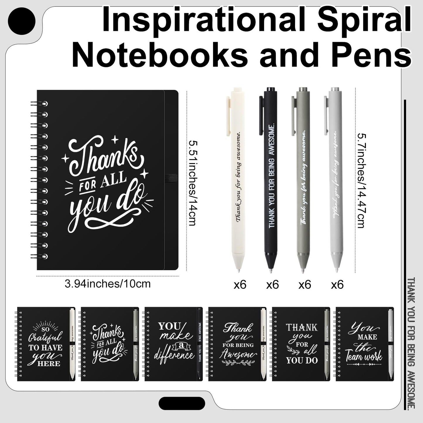 Baderke 6 Sets Employee Appreciation Gifts Bulk Include 12 oz Appreciation Mugs Inspirational Spiral Notebooks and Pens Thank You Staff Gifts for Employee Coworkers Volunteer Team Favors (Black)