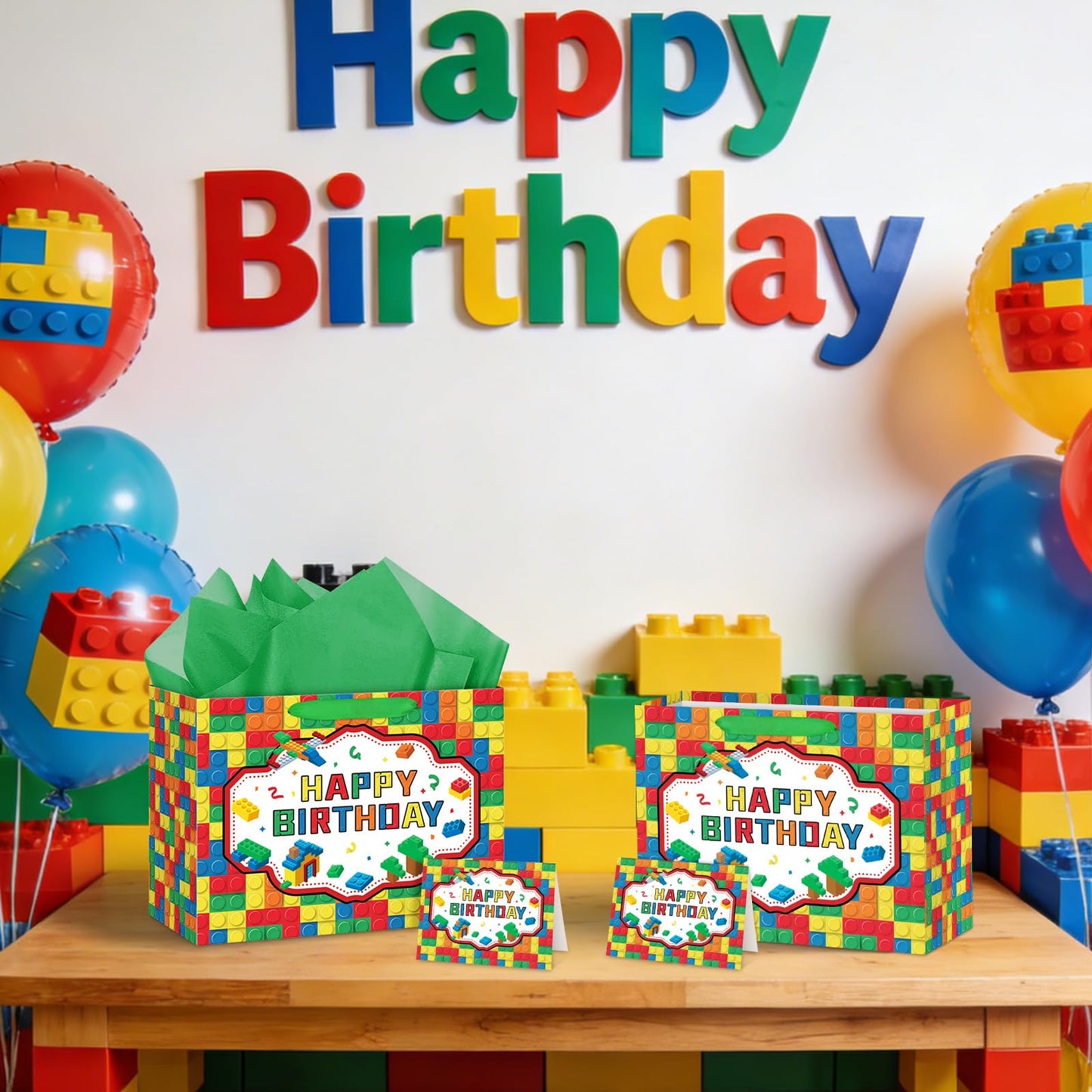 Hooqict Large Building Blocks Birthday Gift Bag Happy Birthday Gift Wrapping Bag with Handles, Tissue Paper, Greeting Card for Kids Boys Girls Building Bricks Theme Party Decorations Supplies