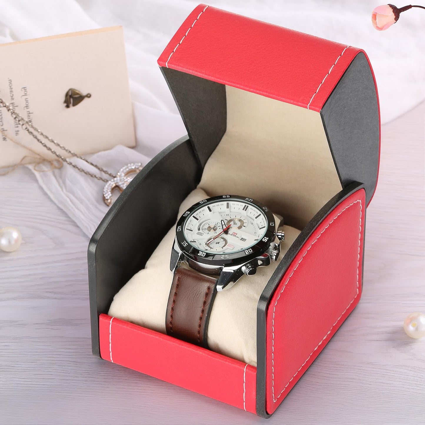 Luxury Single Watch Gift Box with Removable Pillow, PU Leather Single Watch Case Wristwatch Jewelry Storage Display Holder Cases for Men and Women (Red)