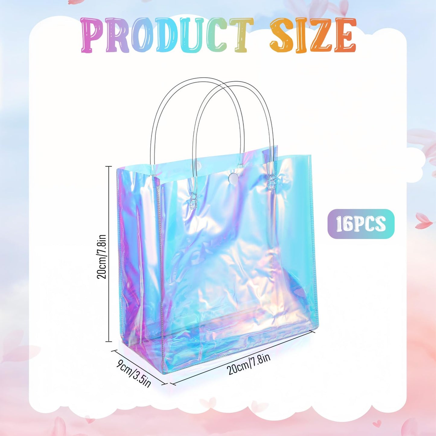 Yuanan 16 PCS Holographic Gift Bags, Iridescent Gift Bags Reusable Pvc Gifts Wrap Bag Clear Gifts Bag with Handles for Shopping Christmas Holiday Party Favor(7.8 X 7.8 X 3.5 Inch, Rainbow)