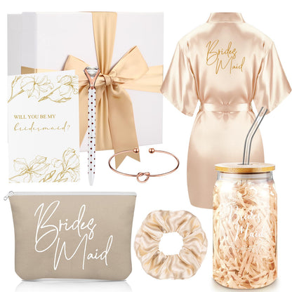 Irenare Bridesmaid Proposal Gifts Set Robes Makeup Bag Cup Cards Hair Tie Bracelet Diamond Pen Bridesmaid Gift Box(Champagne,8 Pcs)