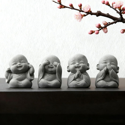 4Pcs Baby Buddha Statue Set, 2 Inch Mini Zen Monk, Sandstone Buddha for Desk Decor, Laughing Buddha for Good Luck, Car Dashboard, Home & Living Room Decor with Blessing Amulet