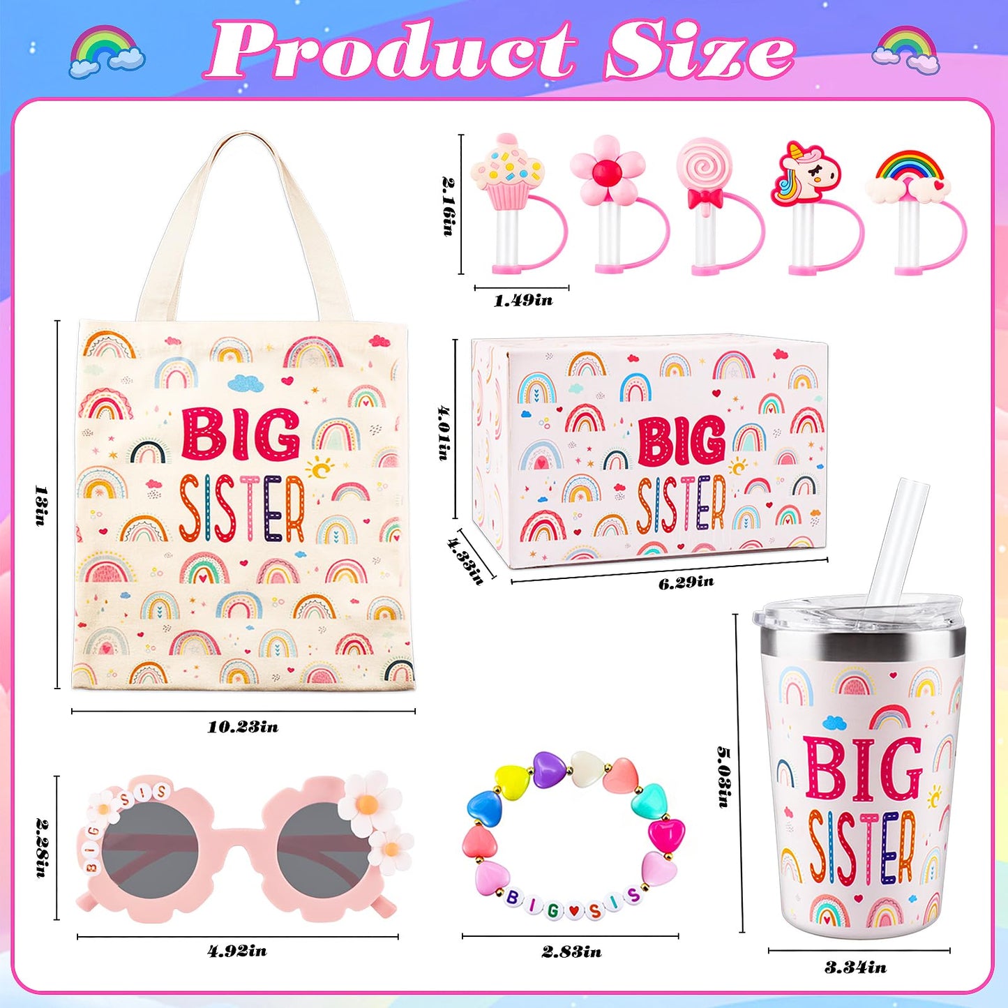 12PCS Big Sister Gifts Set for Girls,12oz Stainless Steel Tumbler With Leakproof Lid and Straw,Cute Silicone Toppers，Sunglasses Bracelet,Canvas Tote Bag for Little Girls Gift Box Set