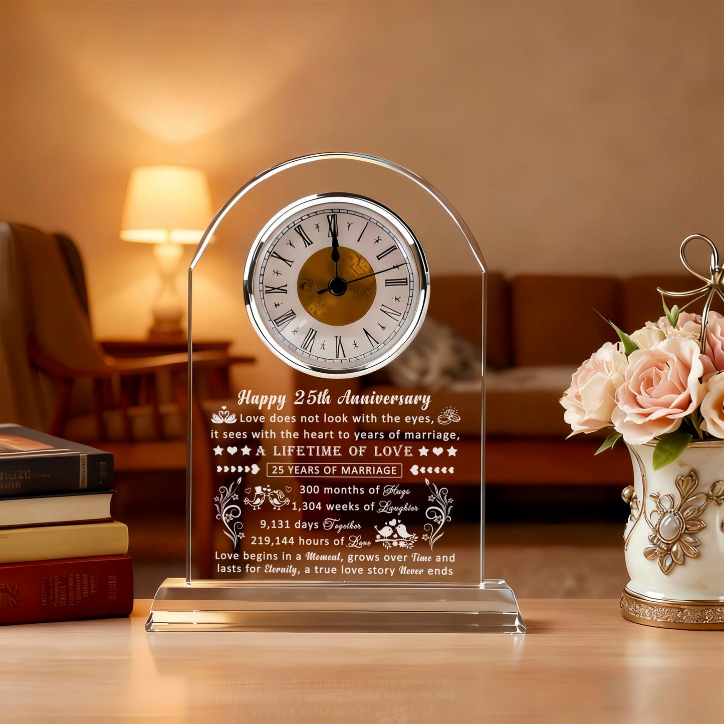25th Wedding Anniversary Glass Quartz Clock Gifts for Women Men, 25 Year Anniversary Romantic Gift for Him Her, Silver Anniversary Clock Gifts for Couple, 25 Years of Marriage Gifts