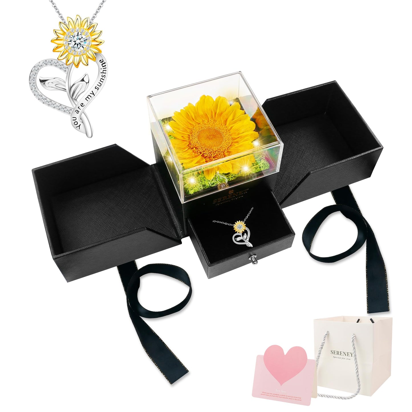 Sereney Preserved Sunflower Gifts for Women, Sunflower Necklace You are My Sunshine as Christmas Day Gift for Her, Silver Necklace Anniversary Birthday Gifts for Wife Daughter Girlfriend