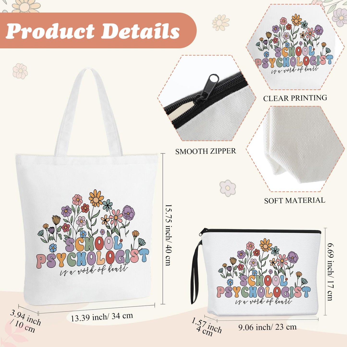 Sweetude 4 Pcs School Psychologist Gift Sets Includes Canvas Tote Bag, Heart Bracelet with Wish Card, Makeup Bag and Keychain Psychology Therapist Appreciation Gifts for Women Teachers Educators