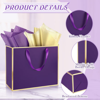 ReliThick 12 Pack Metallic Paper Gift Bag with Handles and Tissue Paper 11.8 x 10 x 4'' Thank You Favor Bag for Graduation Mother's Day Wedding Bridesmaid Groomsman 5 Senses Gifts (Dark Purple,Gold)