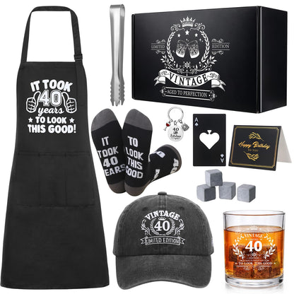 40th Birthday Gifts for Men Whiskey Glass Set with 11 Oz Glass, Stone, Ice Tong, Bottle Opener, Cap, Apron, Socks, Keychain, Greeting Card, 40th Birthday Party Supplies for Him, Dad, Husband