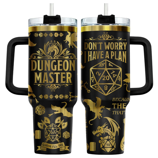 34HD Dungeon Dice Game Tumbler 40oz with Handle and Straw, Master Dragon Laser Engraved Insulated Travel Coffee Cup - Funny Birthday Gifts for Gamers, Friends & BFF