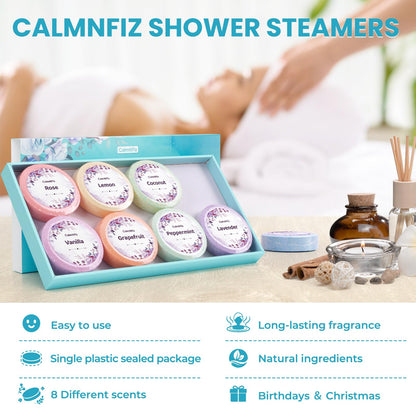 CalmNFiz Shower Steamers 8 Pack Set Shower Bombs Tablets in Box with 8 Fragrances with Shea Butter for Self-Care & Relaxation, Idea for Mothers Day, Women and Men