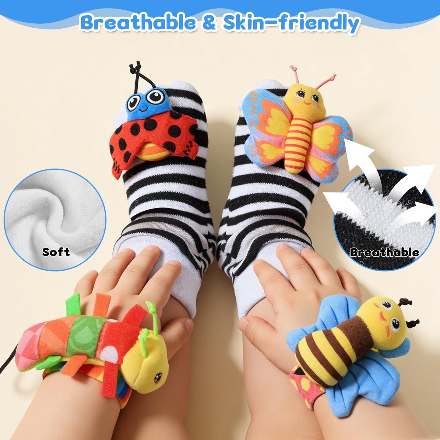 Baby Sensory Toys 0-6 Months, Socks and Foot Finder Set with Sounds for Babies 6-12 Months, Wrist Rattles for Babies 0-12 Months, Newborn Essentials Toy, Toddler Baby Boy Girl Shower Gifts