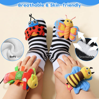 Baby Sensory Toys 0-6 Months, Socks and Foot Finder Set with Sounds for Babies 6-12 Months, Wrist Rattles for Babies 0-12 Months, Newborn Essentials Toy, Toddler Baby Boy Girl Shower Gifts